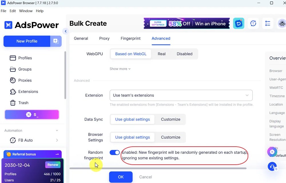Let AdsPower Apply Random Fingerprints