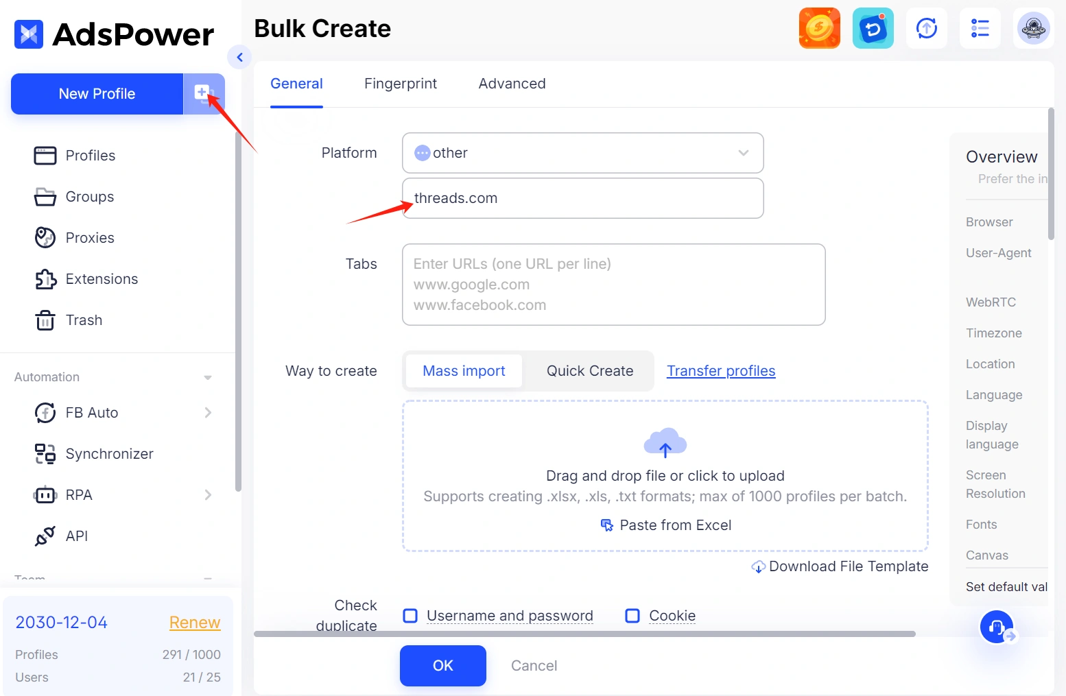 Bulk Create Profiles