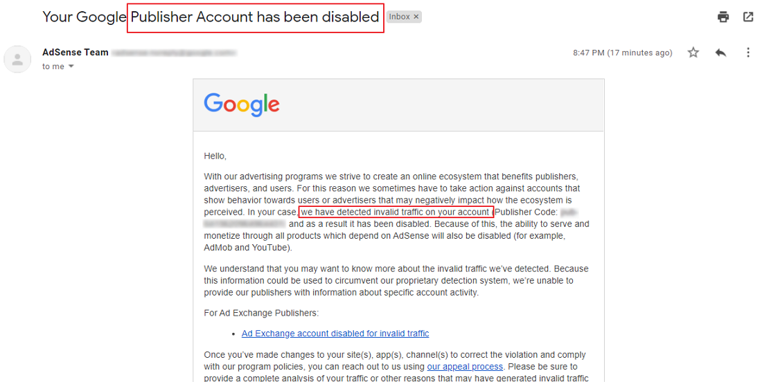 Email from Google Informing Account Disabled