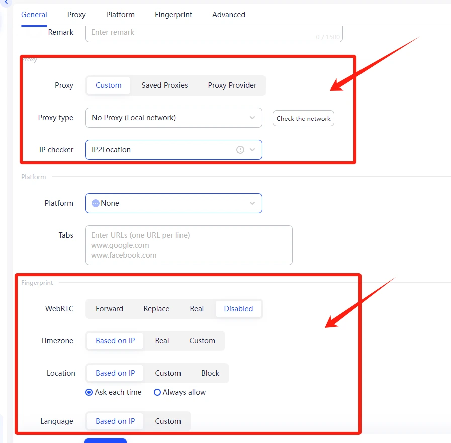 Configure unique browser fingerprints and proxy for each account