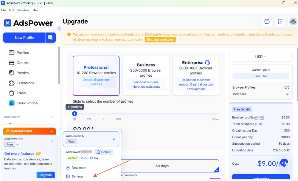 Configurações de Equipe