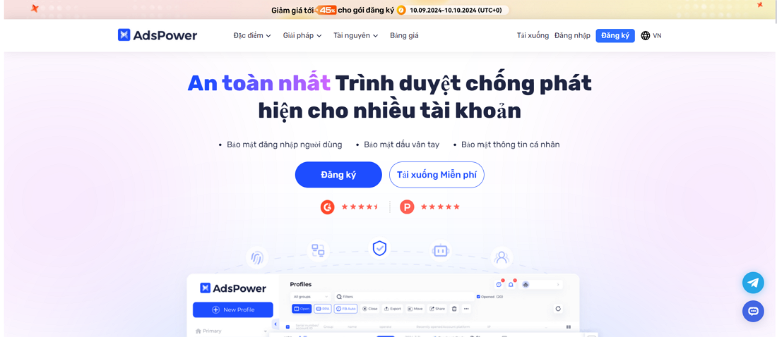 Ảnh chụp màn hình trang đích của AdsPower