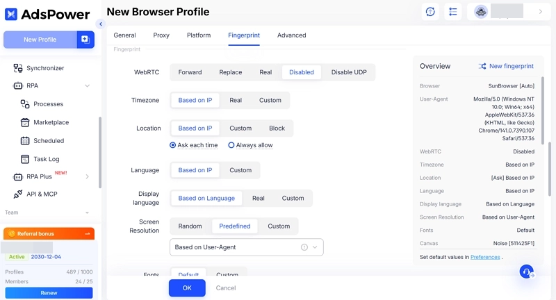 AdsPower fingerprint