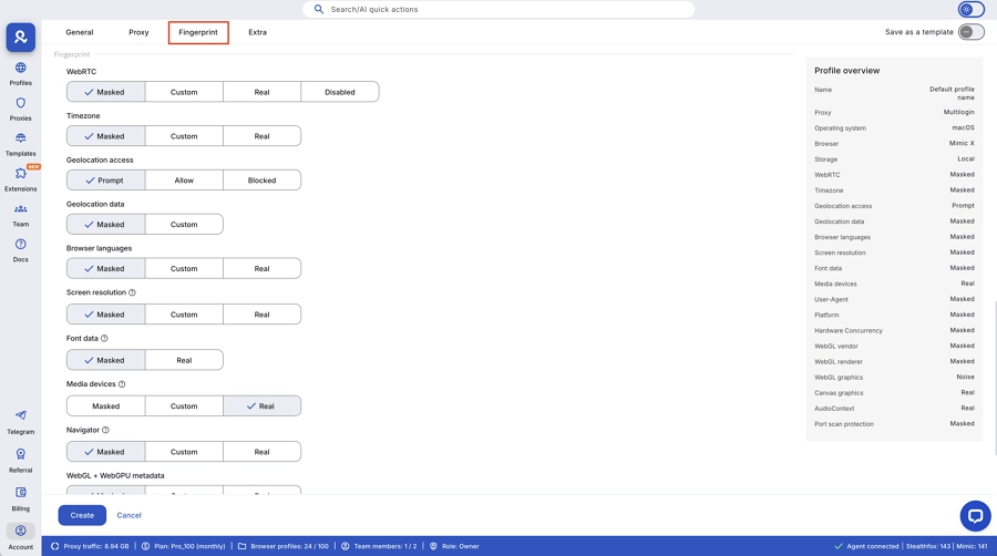 Multilogin fingerprint