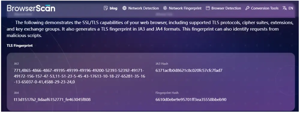 During this handshake, both sides generate JA3 and JA4 fingerprints, which reveal details about the device and browser.