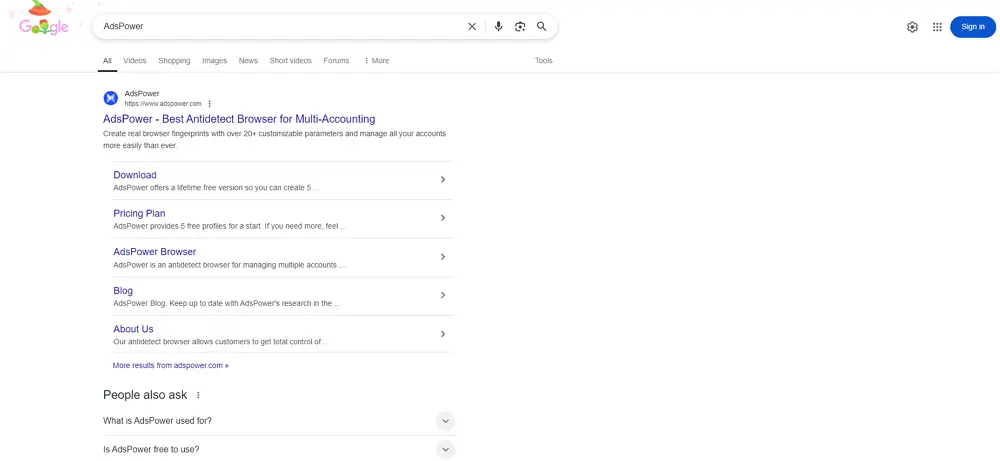 AdsPower browser search results