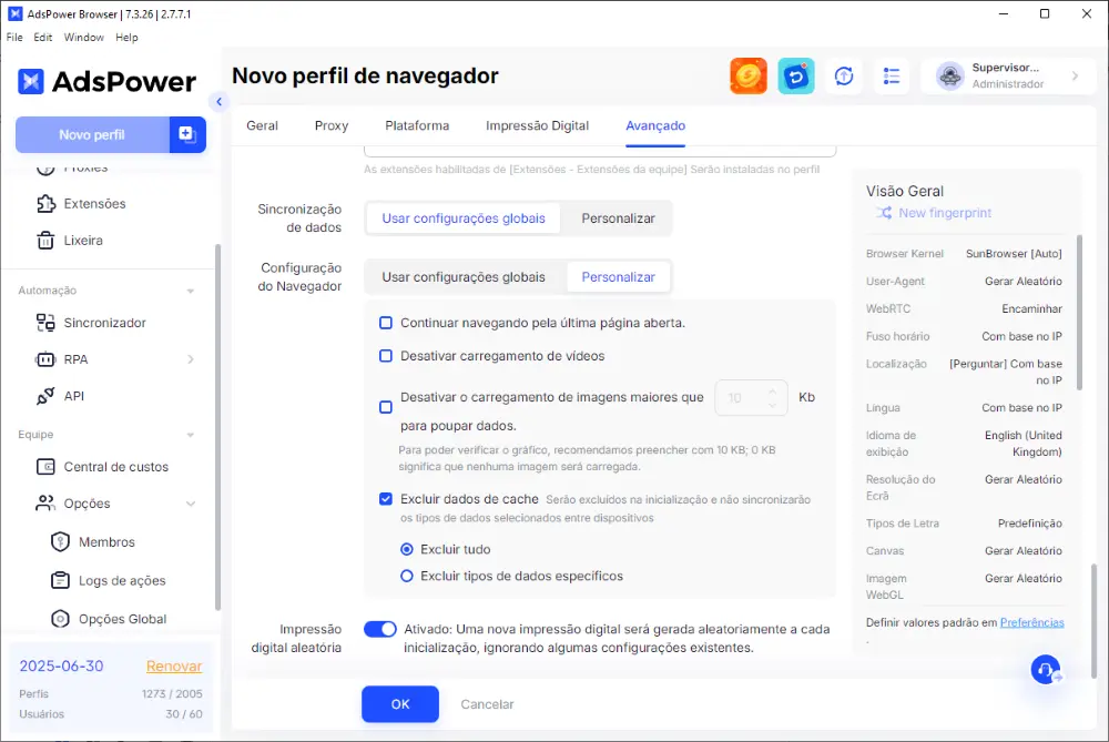 Perfil Único com Cache Autoexcluível e Impressão Digital Aleatória
