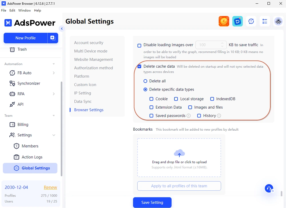 Delete cache data in Global Settings