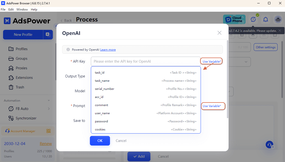 Use Variable for OpenAI