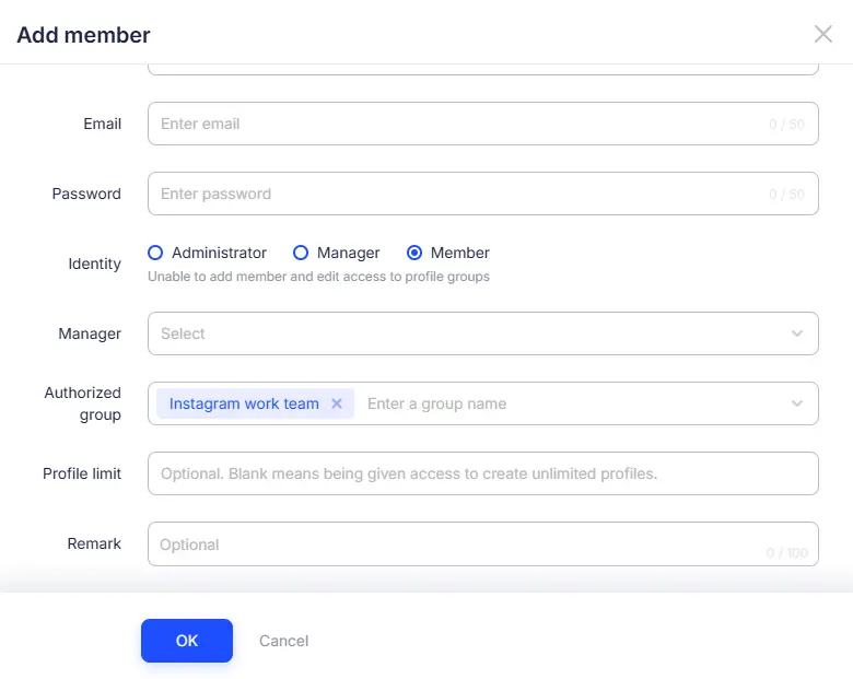 Fill in the Team Member's Name, Email, and Password, then Assign an Identity