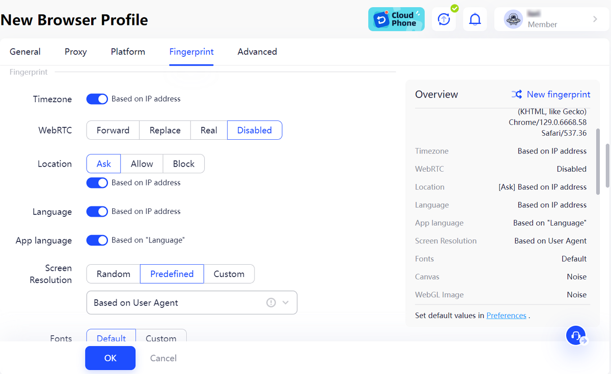 Browser Fingerprint Settings