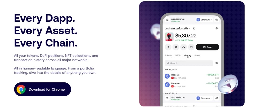 Zerion is a mobile-first web3 wallet designed for managing DeFi and NFT portfolios