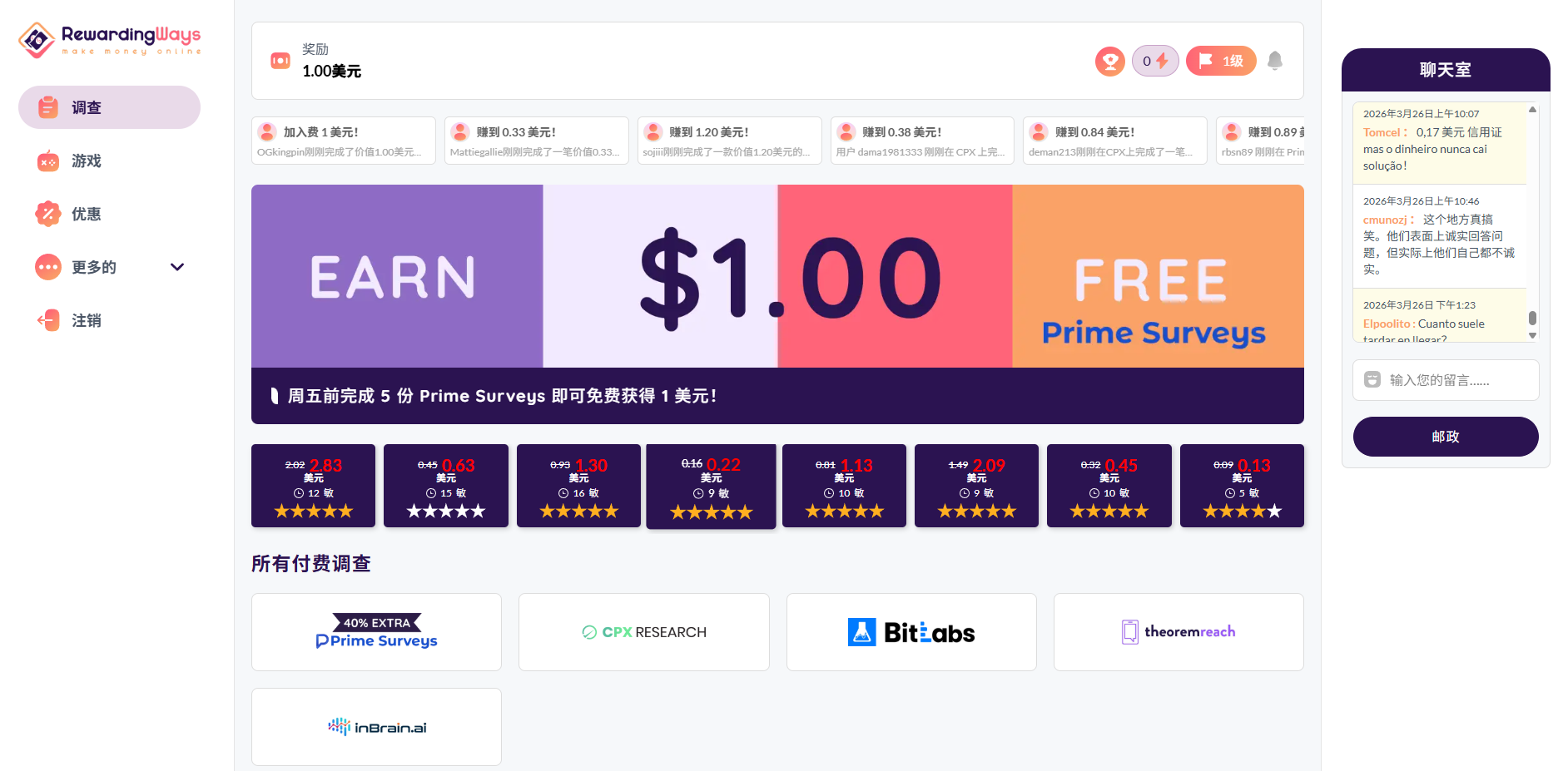 在 Rewardingways 问卷网站上赚美金,一份问卷$2.83,$3就能提现