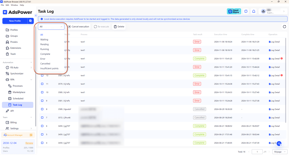 Filter Task Log