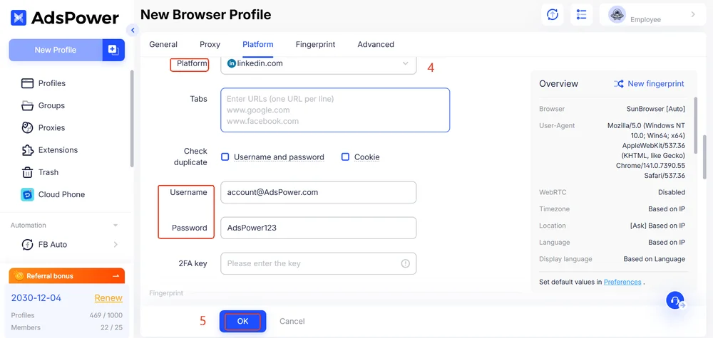 Create profile in AdsPower step 4-5