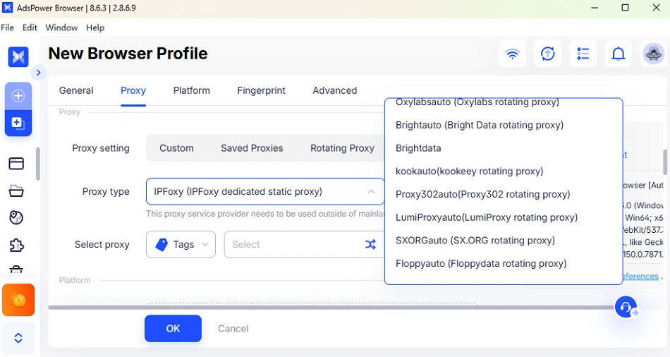 Floppyauto and SXORGauto proxy types in AdsPower