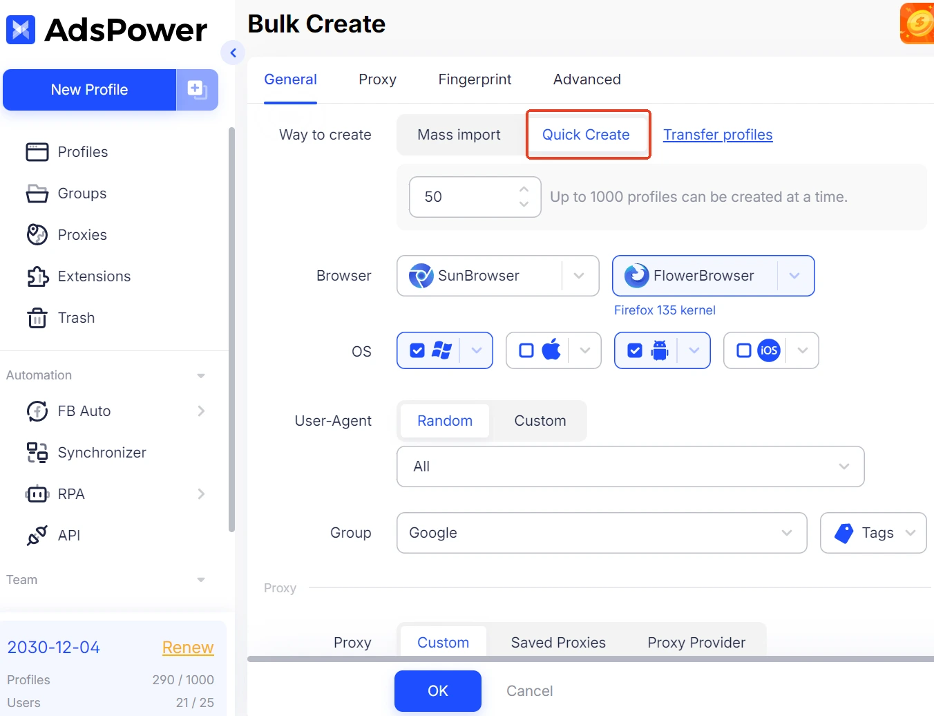 Quick create