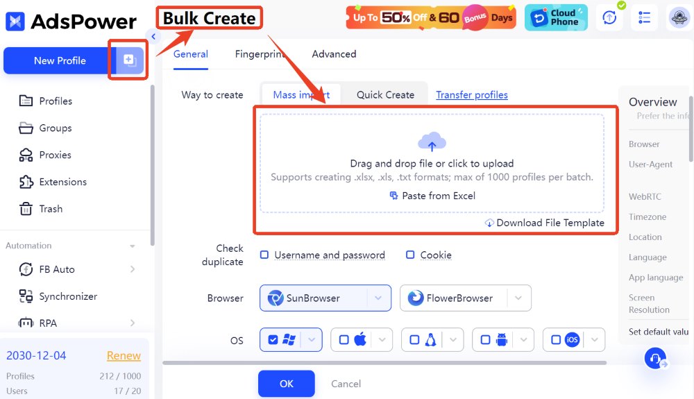 Use AdsPower's bulk import feature to upload multiple Facebook accounts at once