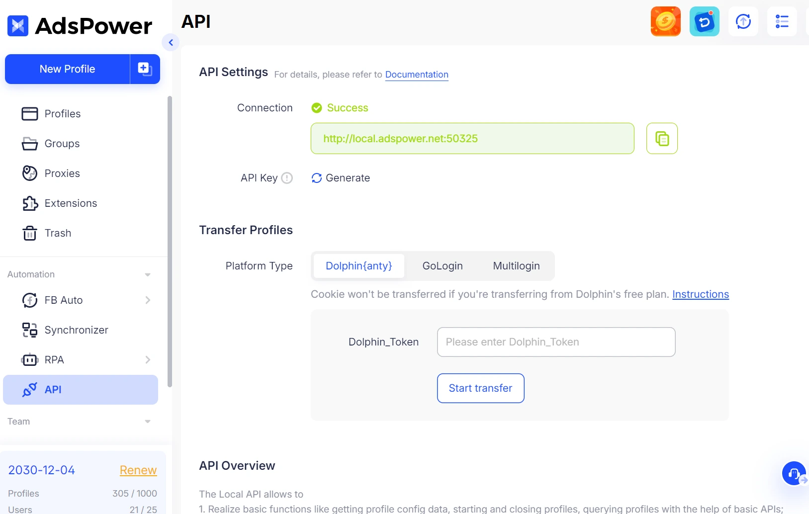 Transfer API settings