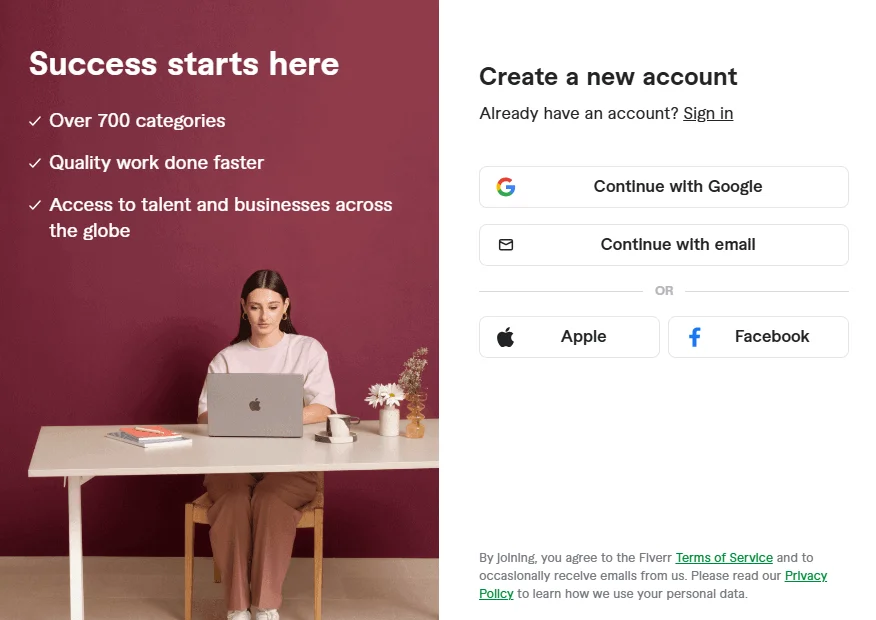 Crie uma conta no Fiverr