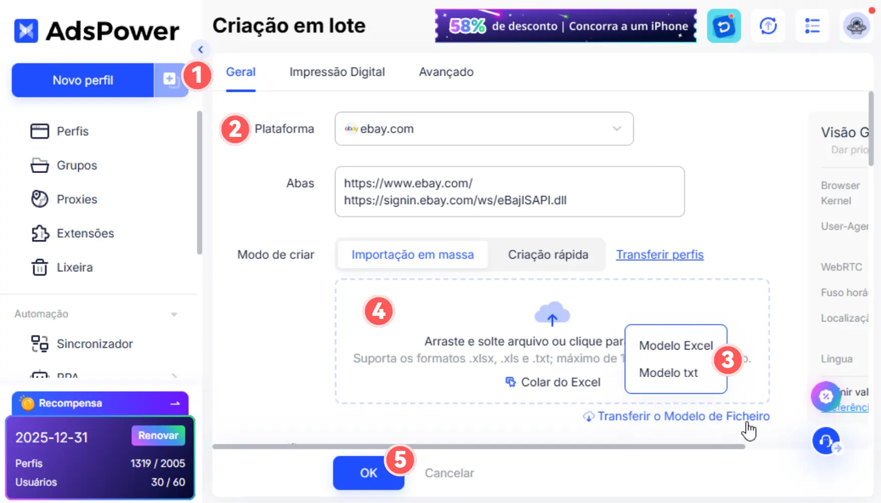 Criação em massa de perfil AdsPower