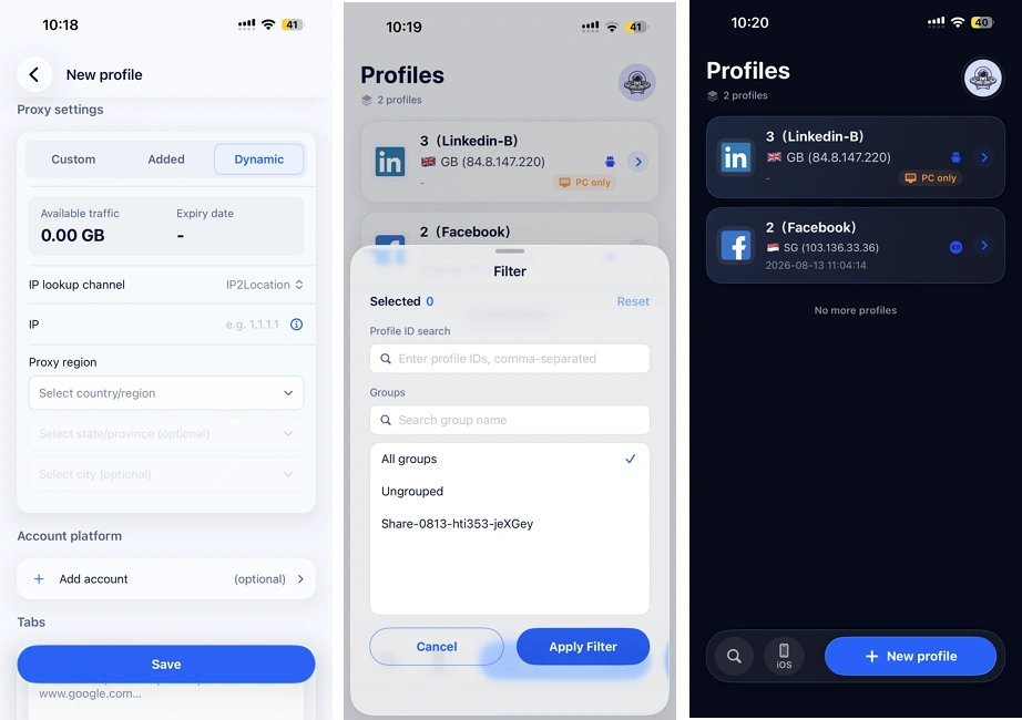 Profile and proxy management in AdsPower mobile app version 2.1.0