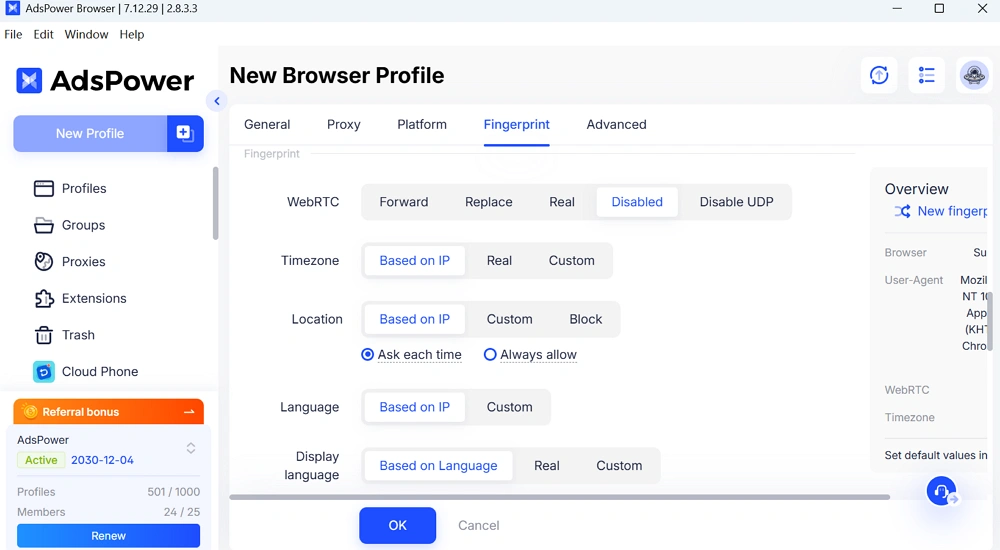 Set Up Browser Fingerprint Settings