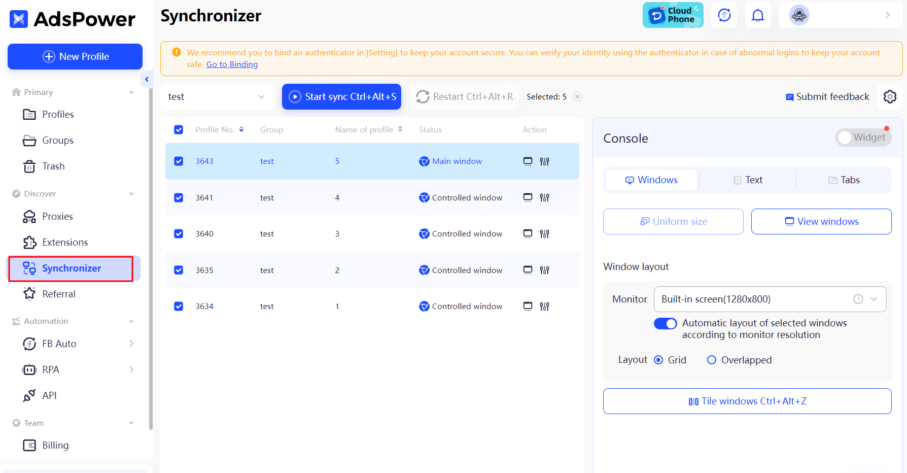 Hình ảnh hiển thị Trình đồng bộ hóa của AdsPower