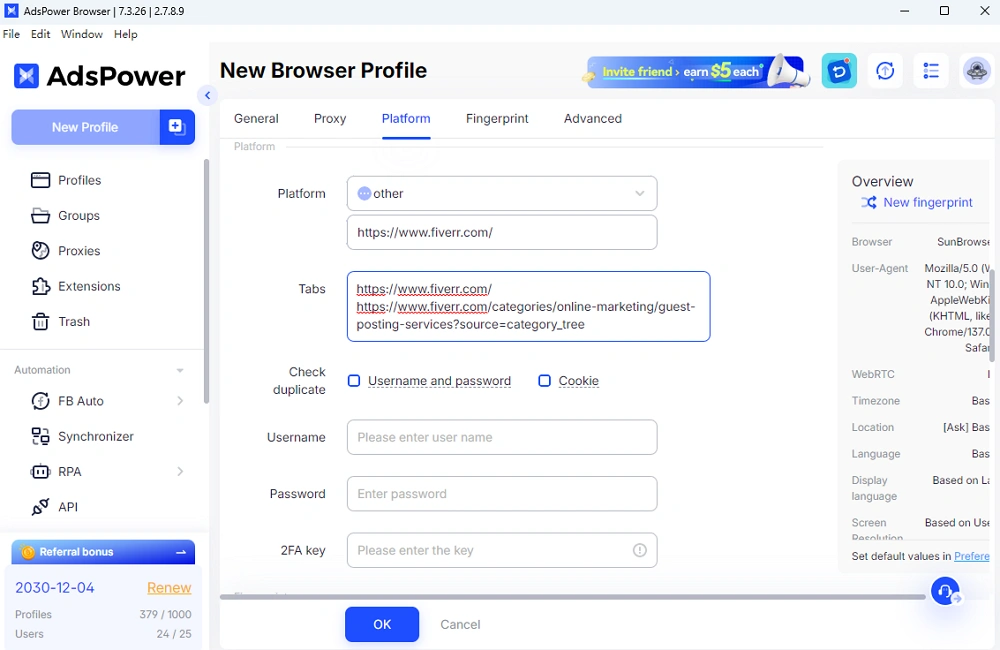 Create Profile for Fiverr Accounts