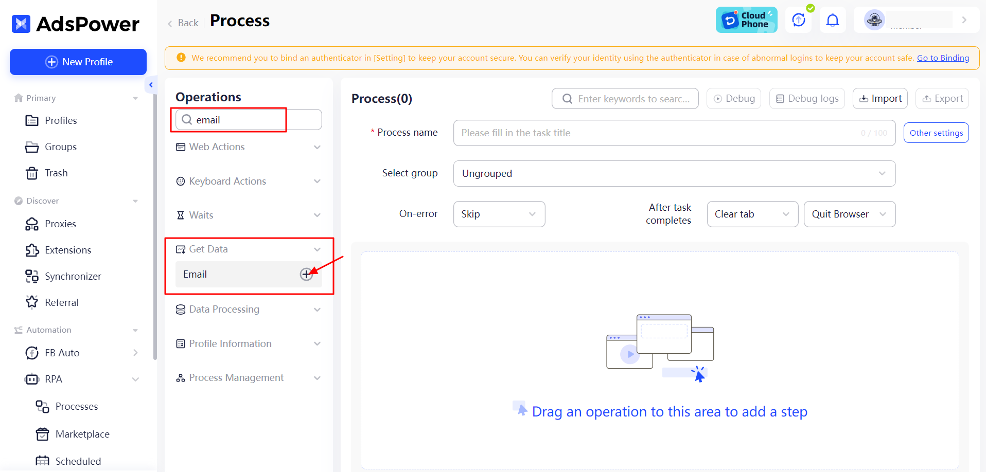 Captura de tela do recurso RPA do AdsPower