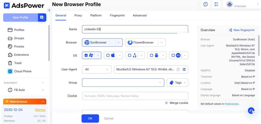 AdsPower LinkedIn Fingerprint