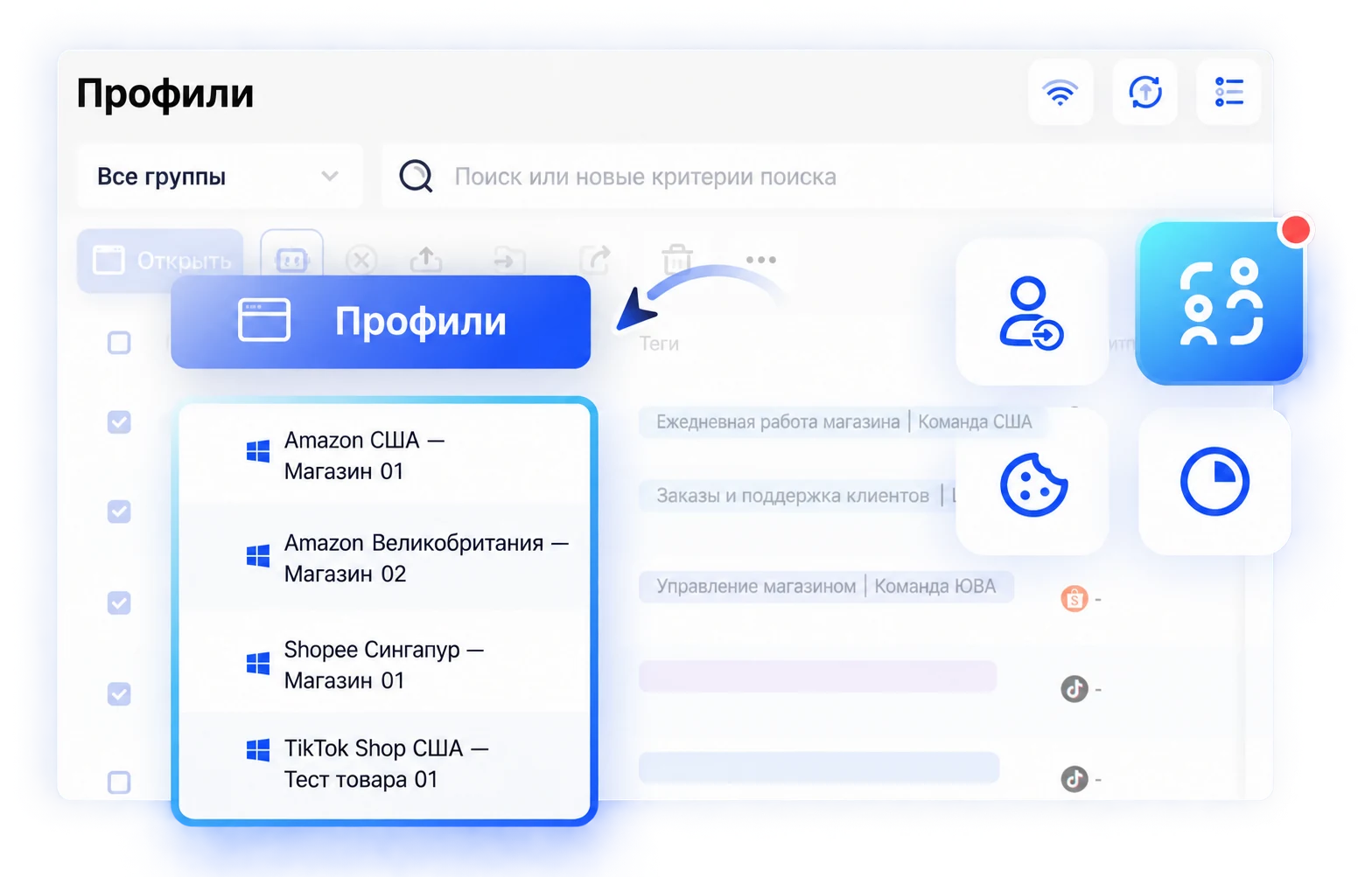 Иллюстрация отдельных профилей AdsPower для аккаунтов тестирования товаров