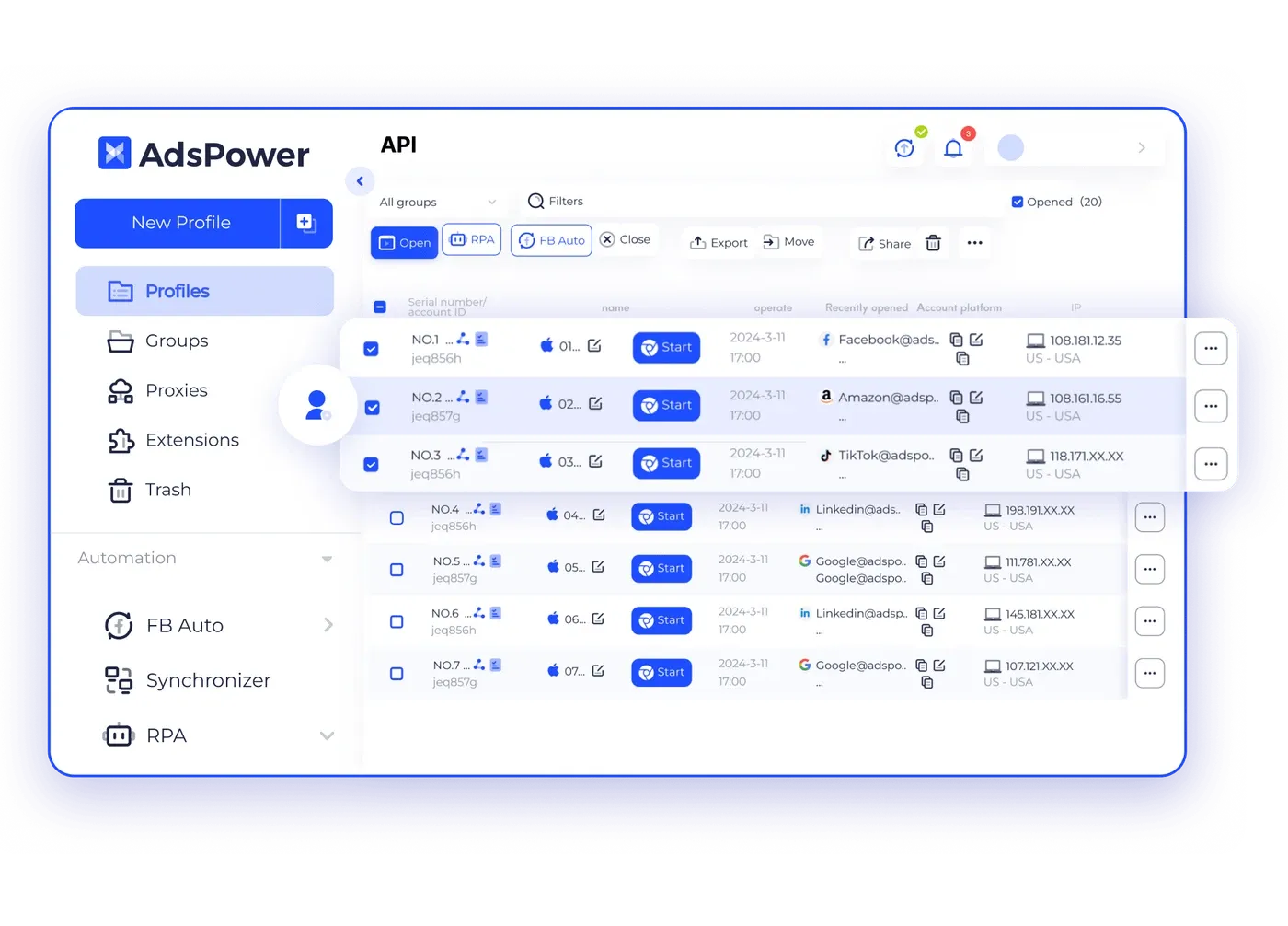 AdsPower 批量浏览器环境及代理 IP 管理界面