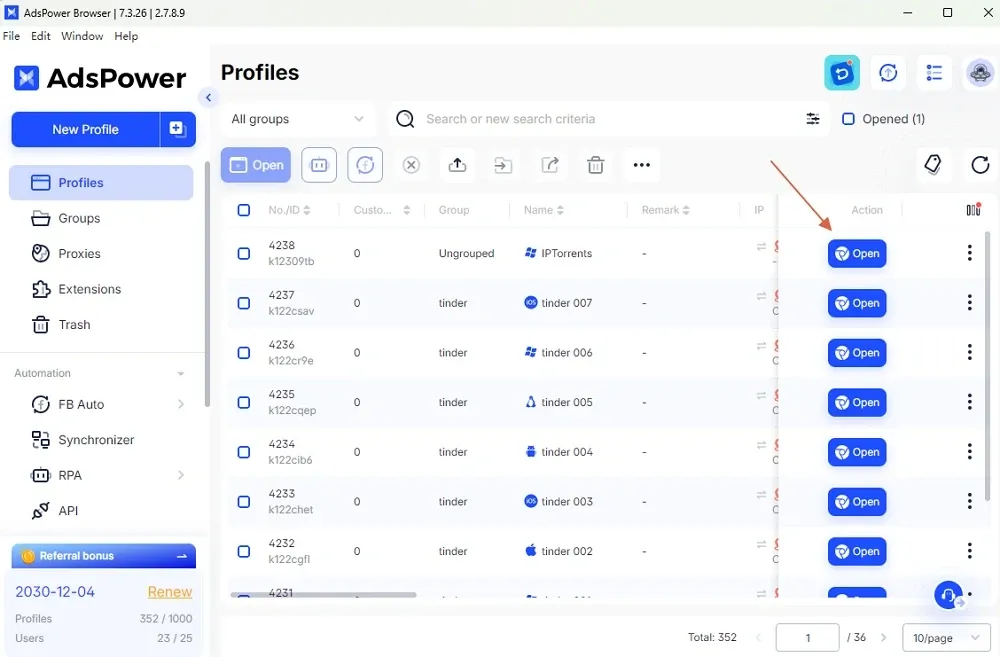 Step 3 在 Profiles 列表点击 Open